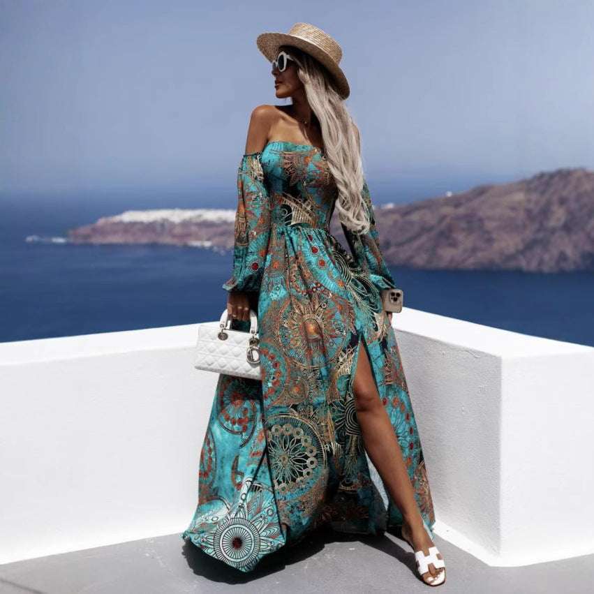 Off-neck Long Sleeve Tube Top Printed Long Dress