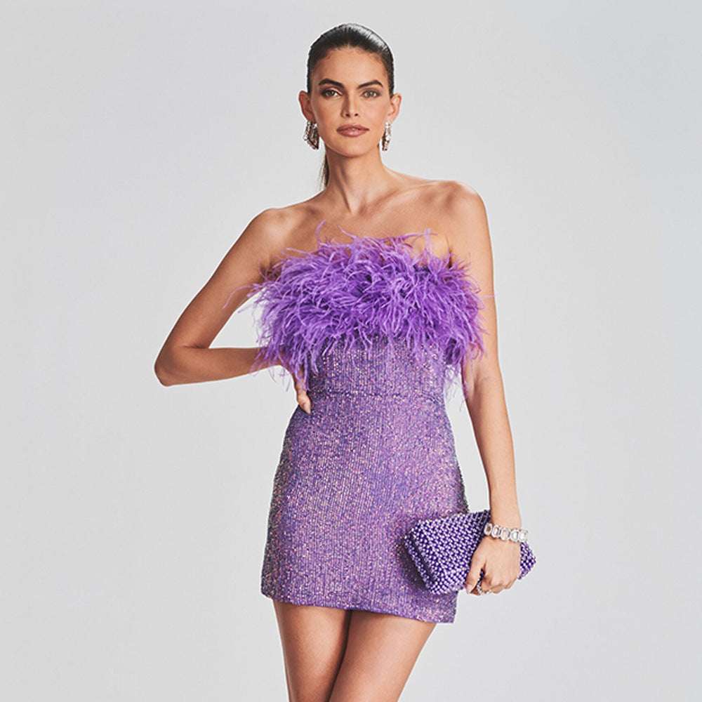 European And American Women's Sexy Backless Ostrich Hair Tassel Tube Dress High-end Elegant Sequin Hip Dress