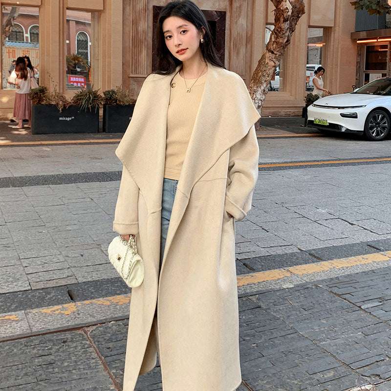 Women's Large Lapel Pure Color Tied Warm Reversible Woolen Coat - globaltradeleader
