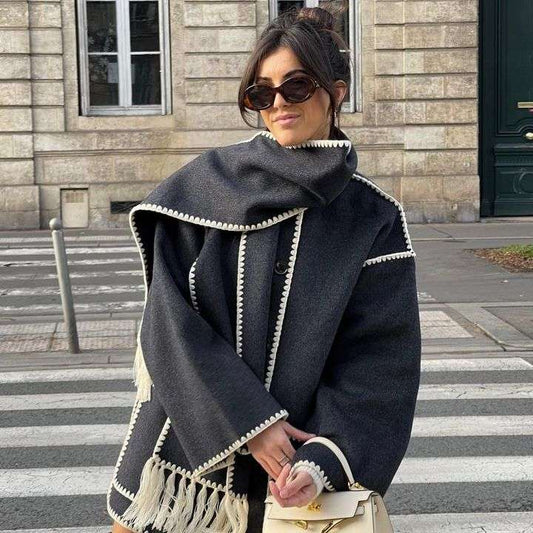 Women's Clothing New Fashion Woolen Coat Thickened Loose With Scarf Tassel Women's