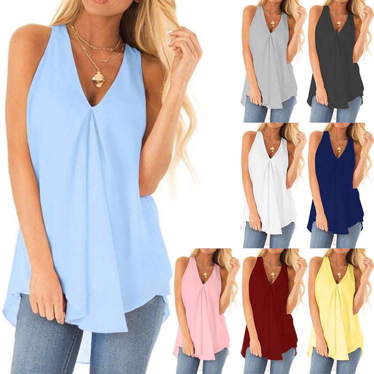 Summer Style Hem Loose Sleeveless Solid Color Top Chiffon Shirt