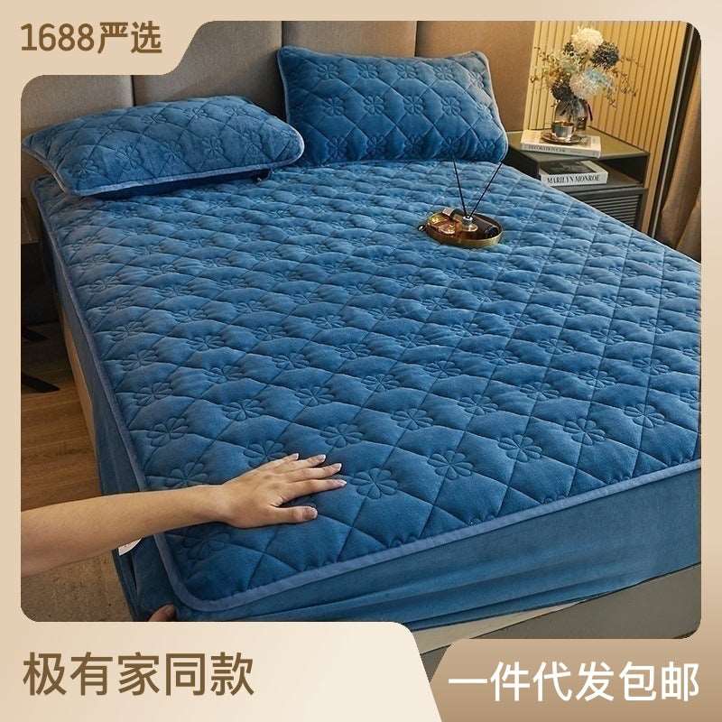 Milk Velvet Quilted Bed Sheet Single Piece Winter Thickened Coral Flannel Bed Cover Three-piece Set Mattress Protector Sheet - globaltradeleader