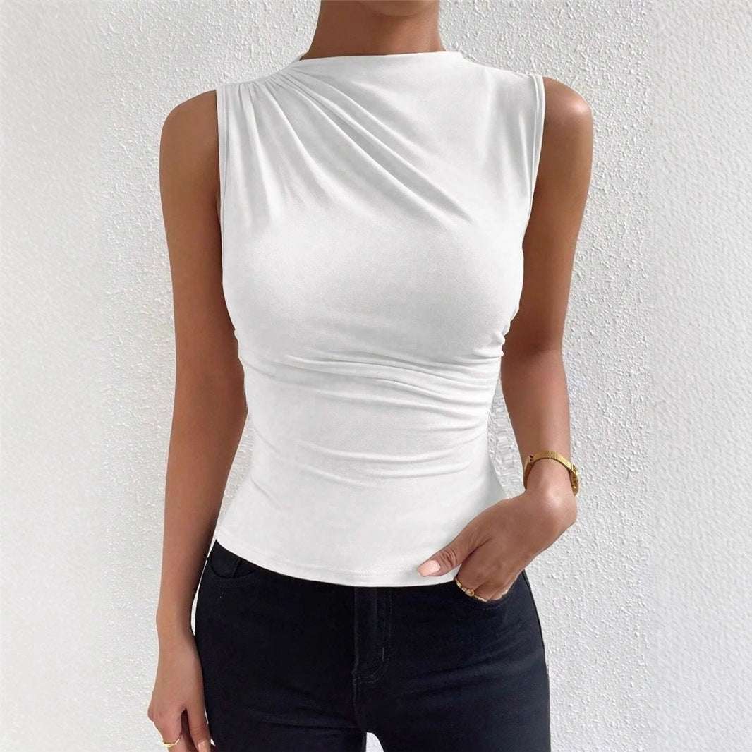 European And American Women's Spring And Summer All-match Solid Color Pleated Sleeveless Pullover Half-high Collar T-shirt
