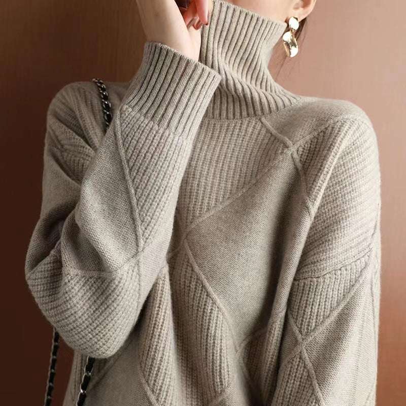Cashmere Turtleneck Women's Autumn And Winter Thickened Loose Outer Rhombus Knitted Sweater With Inner Base Layer