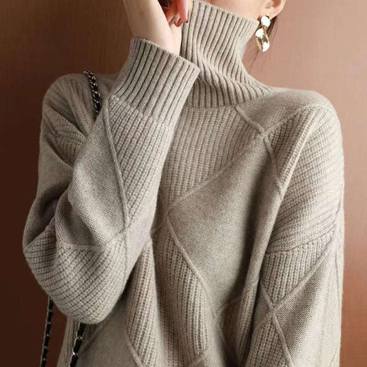 Cashmere Turtleneck Women's Autumn And Winter Thickened Loose Outer Rhombus Knitted Sweater With Inner Base Layer