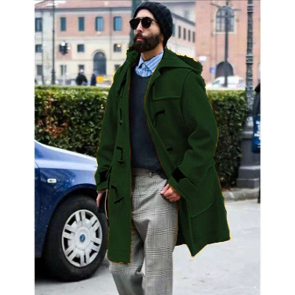 Retro Horn Button Hooded Woolen Trench Coat Men - globaltradeleader