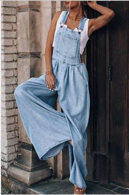 Summer Women's Loose Side Pocket Sleeveless Women's Denim Suspender Pants