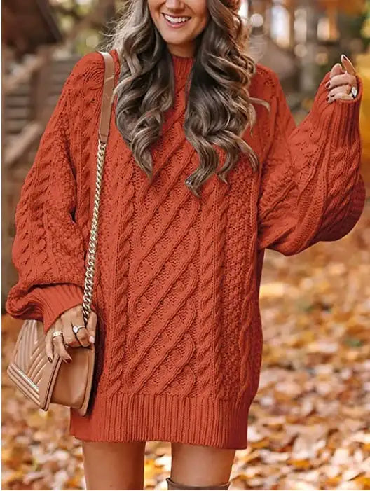 European And American Women's Clothing Round Neck Long Sleeves Large Profile Cable Knit Thick Knit Pullover Mid-length Sweater Women's Dress - globaltradeleader