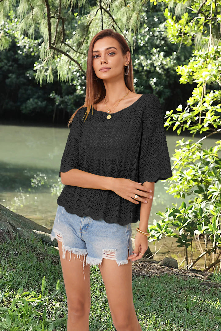 Hollow Fashion Short Sleeve Casual Women's Knitwear - globaltradeleader