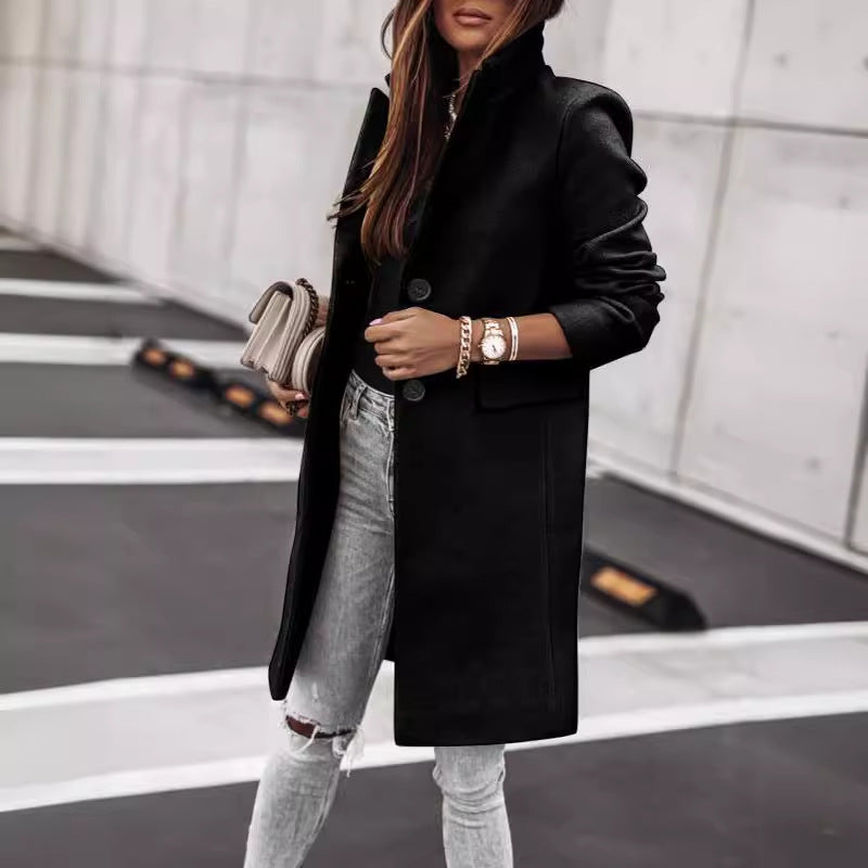 Autumn And Winter Simplicity Long Sleeve Button Woolen Coat - globaltradeleader