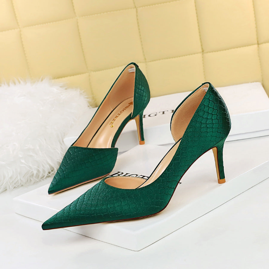 European And American Fashion, Sexy, Thin, Stiletto, High-heeled Snake-print Satin Shoes