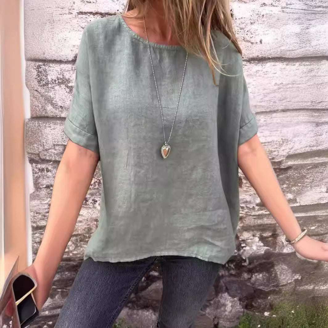 Spring And Summer Round Neck Medium Long Sleeve Cotton Linen Loose T-shirt Top For Women