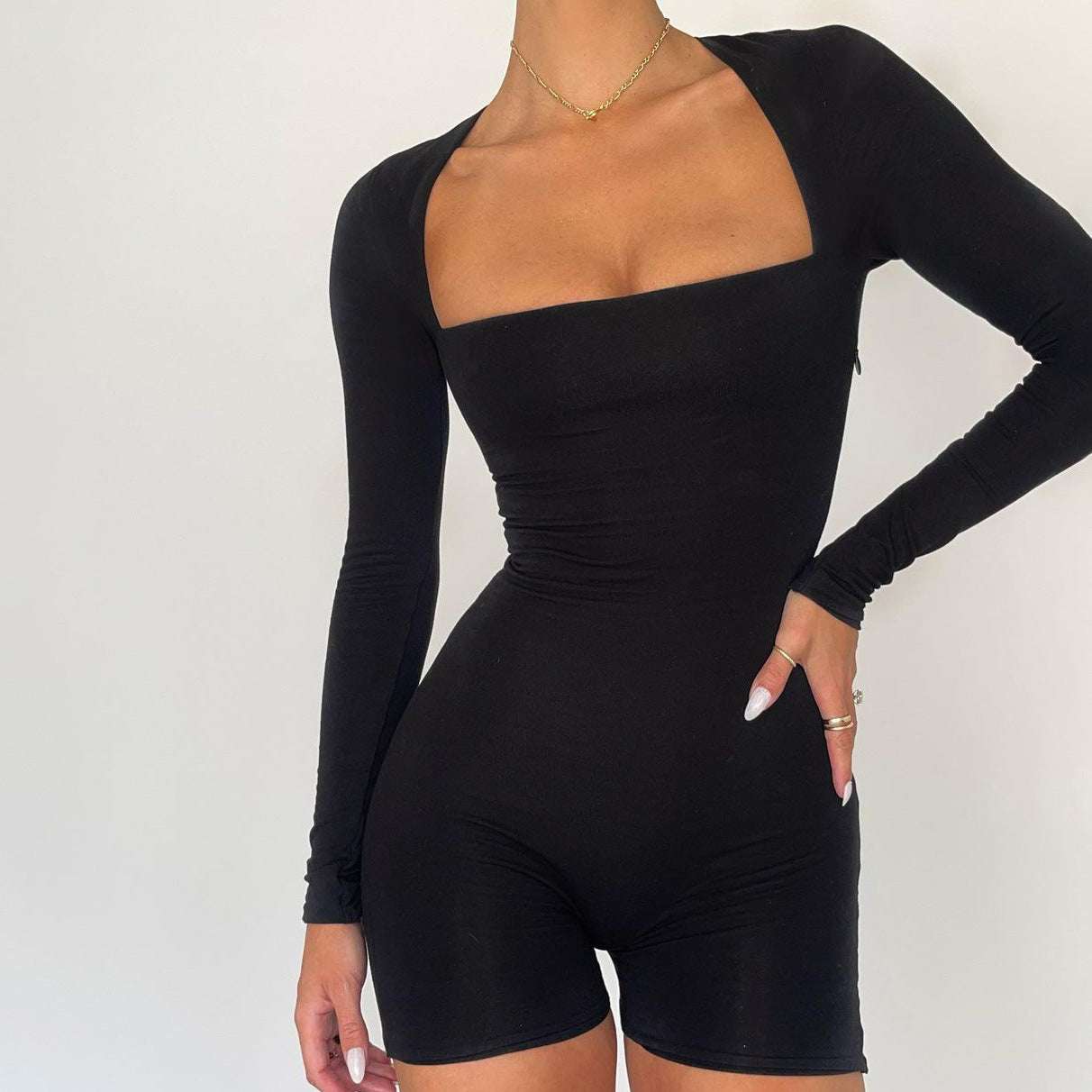 Women's Solid Color Basic Bottoming Square Collar Long-sleeved Slim Jumpsuit Casual Sports Shorts