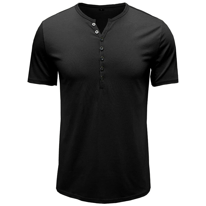 Summer Men's Clothing European And American Men's Henley Shirt Short-sleeved Me's T-shirt Solid Color Top
