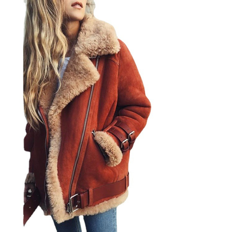 Motorcycle Deerskin Velvet Lamb Coat Women's Lapel Fur Cotton Coat