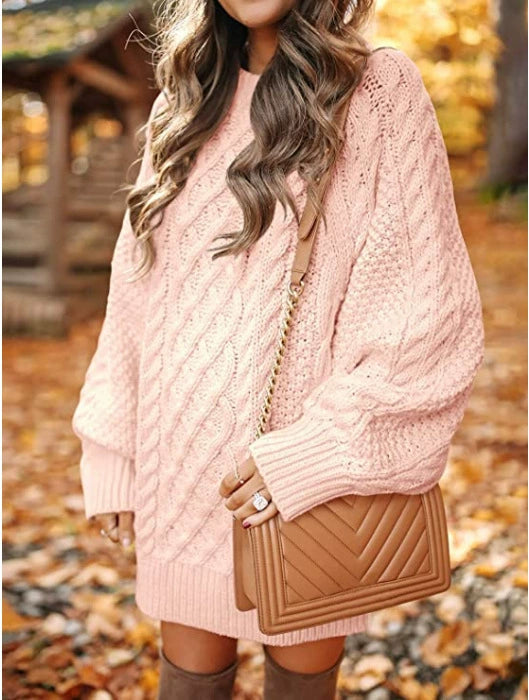 European And American Women's Clothing Round Neck Long Sleeves Large Profile Cable Knit Thick Knit Pullover Mid-length Sweater Women's Dress - globaltradeleader