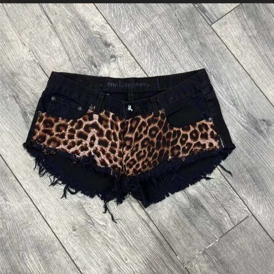 European And American Millennium Subculture Leopard Print Low Waist Denim Super Short Shorts - globaltradeleader