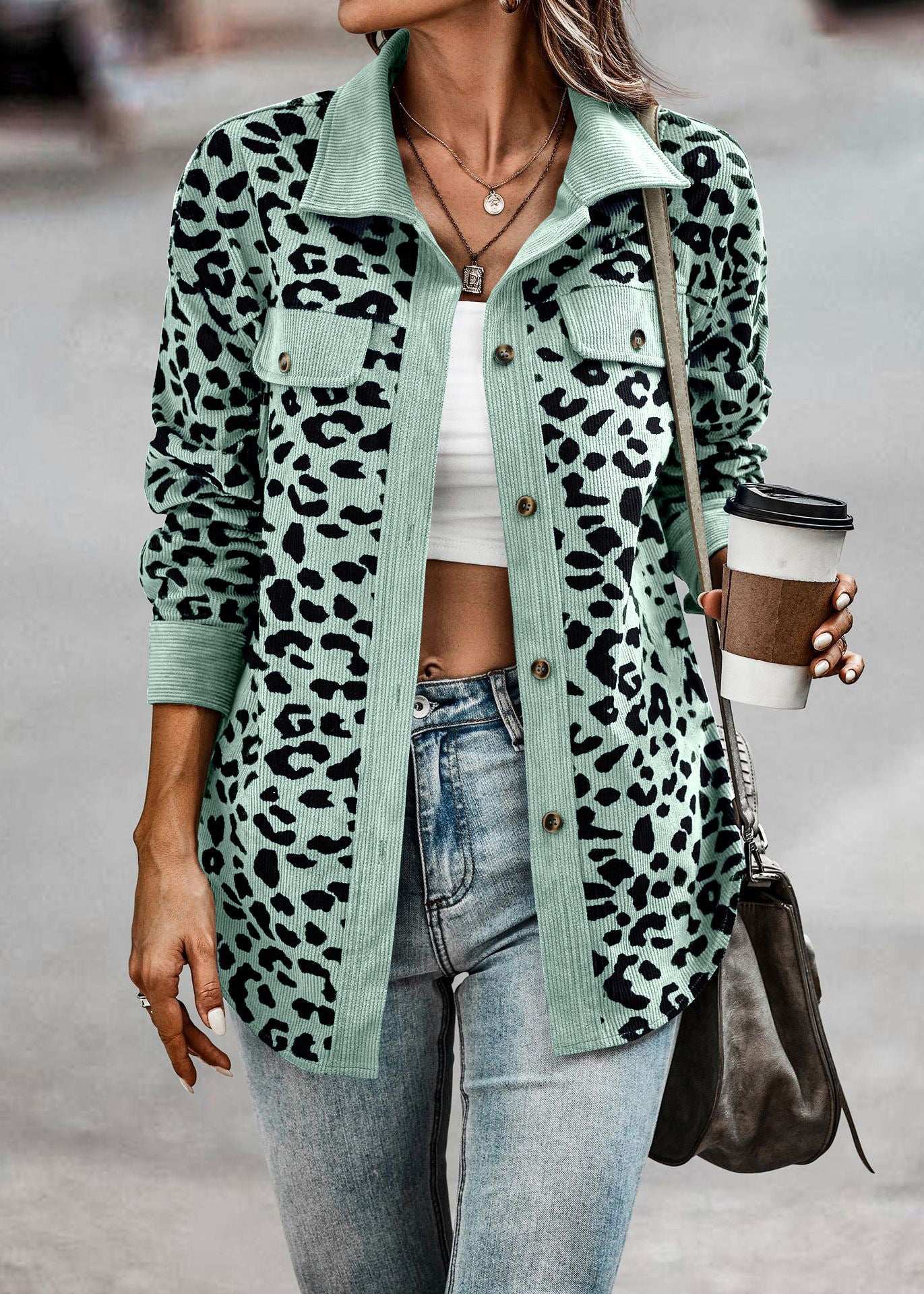 Women's Clothing Autumn And Winter Fashion Leopard Print Button Long-sleeved Jacket