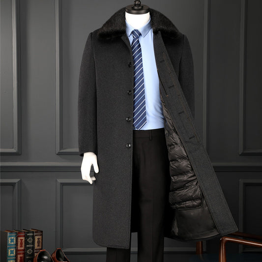 Winter Men's Cashmere Coat Long Over The Knee Big Fur Collar Middle-aged And Elderly Dad's Woolen Coat