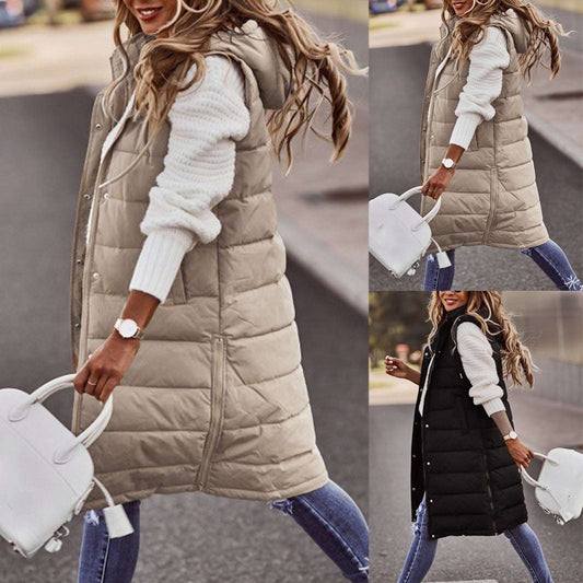 European And American Solid Color Hooded Single-breasted Mid-length Padded Vest Vest Slim Temperament Cardigan Jacket Top