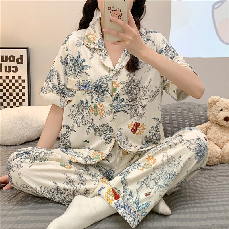 Pajamas Women&#039;s Summer Short-sleeved Trousers Two-piece Suit Jacquard Cotton
