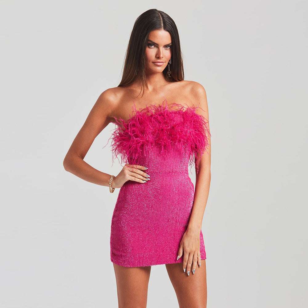 European And American Women's Sexy Backless Ostrich Hair Tassel Tube Dress High-end Elegant Sequin Hip Dress