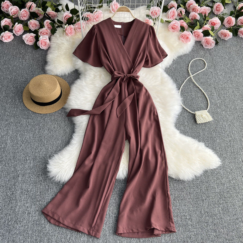 Temperament V-neck Short-sleeved Waist Strap Slim Jumpsuit Solid Color Simple High Waist Drape Wide-leg Pants