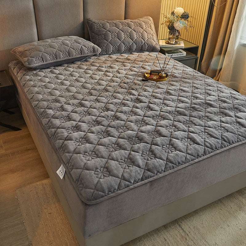 Milk Velvet Quilted Bed Sheet Single Piece Winter Thickened Coral Flannel Bed Cover Three-piece Set Mattress Protector Sheet - globaltradeleader