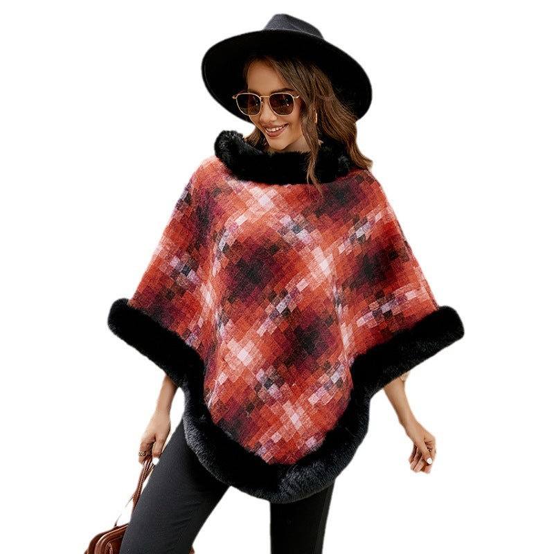 Cape Colored Plaid Thermal Knitting Shawl Women's Coat