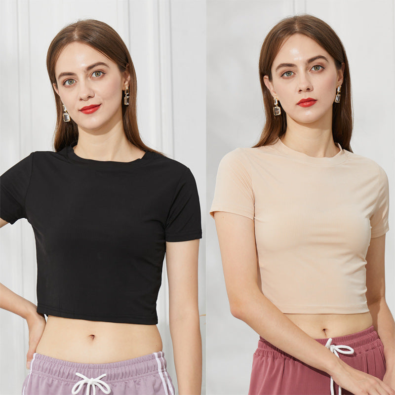 Waist Exposed T-shirt Ice Silk Thread New Short Model Exposed Navel Exposed Short Sleeve Slim Summer Round Neck T-shirt For Women