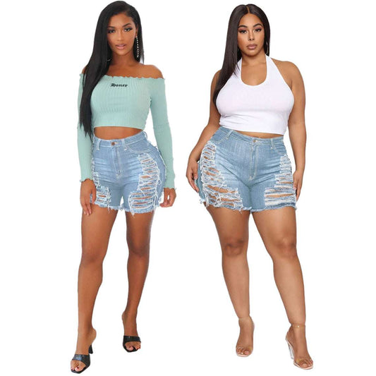 Fashion Slim-fit Versatile Water Washed Hole Stretch Denim Shorts - globaltradeleader