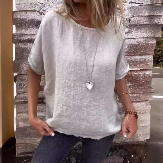 Spring And Summer Round Neck Medium Long Sleeve Cotton Linen Loose T-shirt Top For Women