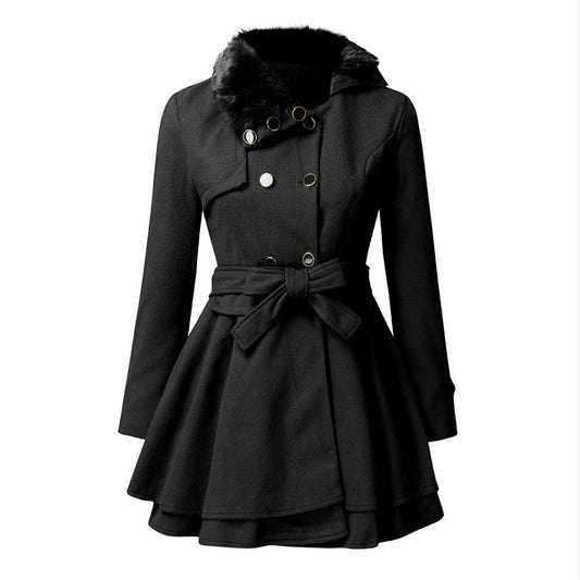 Women's Fur Collar Coat Double-breasted Trench Coat With Large Skirt - globaltradeleader