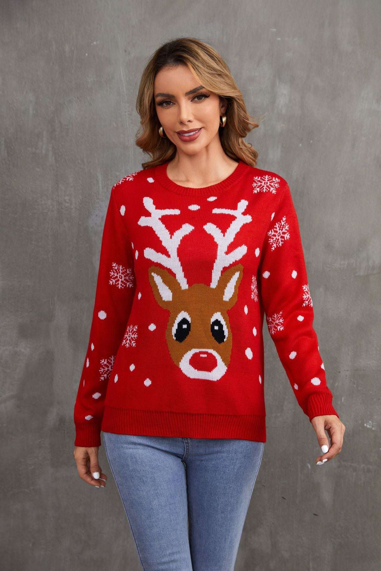 European And American Winter Cartoon Reindeer Christmas Sweater Round Neck Pullover Sweater Women