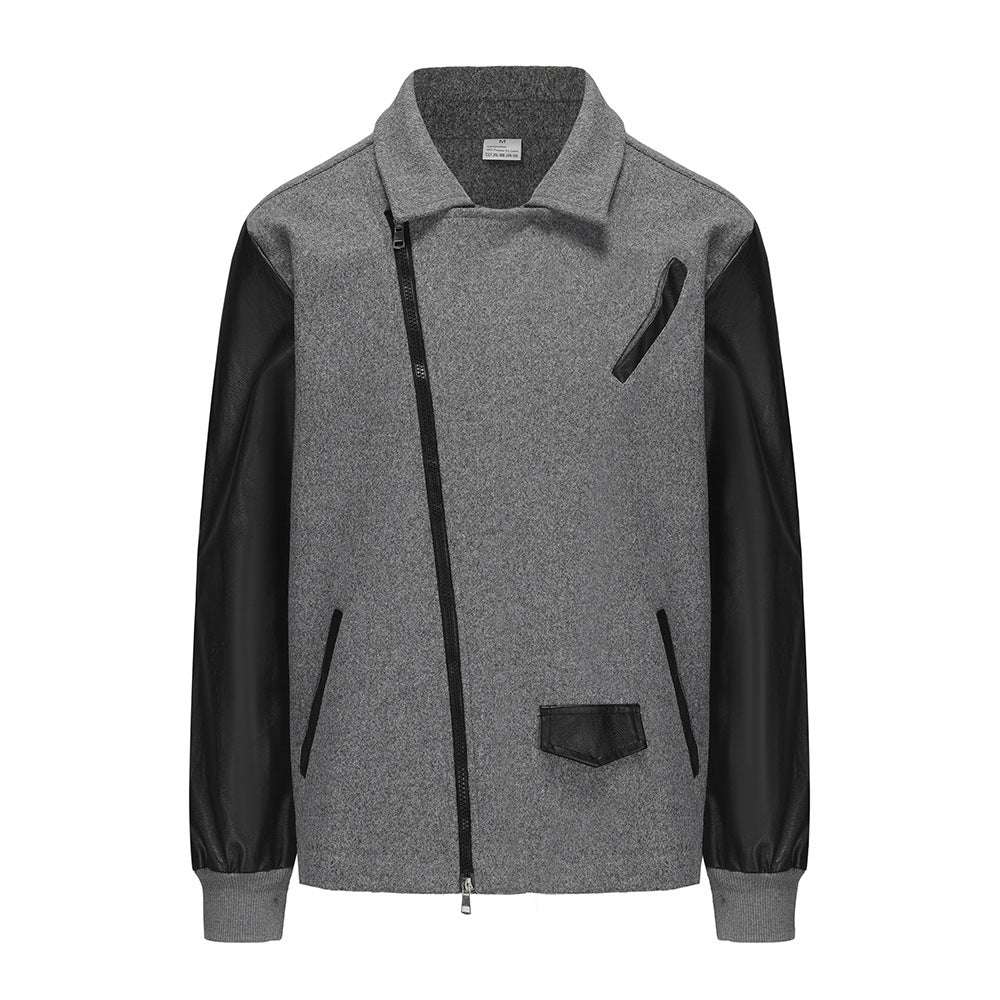 PU Leather Patchwork Wool Lapel Color Matching Men's Jacket - globaltradeleader