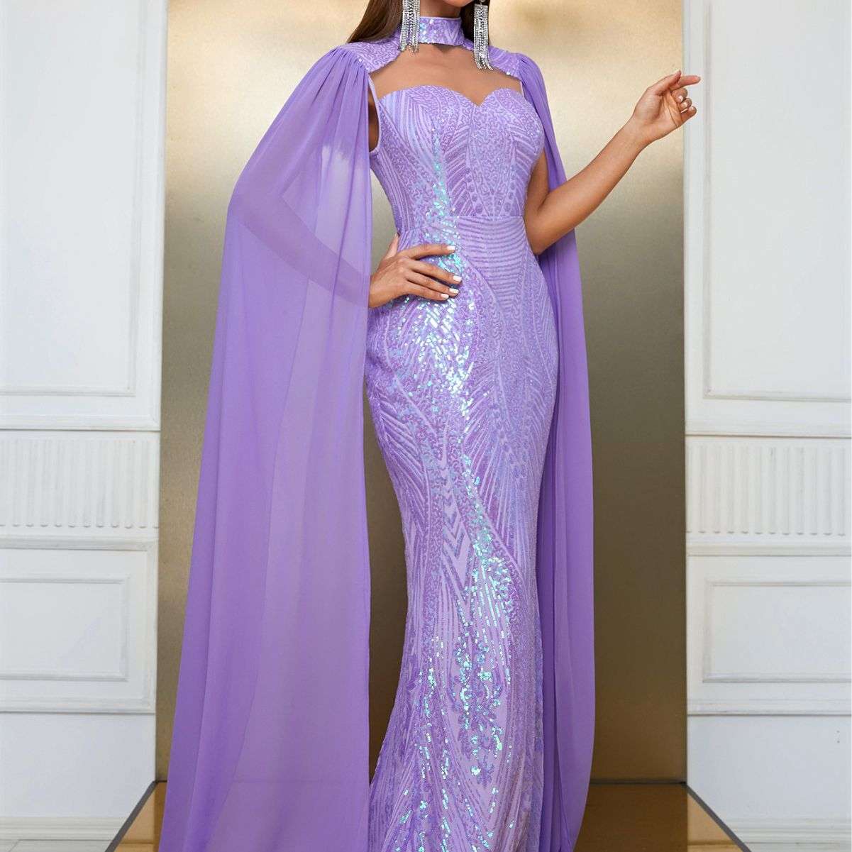 European And American Evening Dress Sequined Halterneck Raglan Sleeve Party Dress Fishtail Long Dress Elegant Dress
