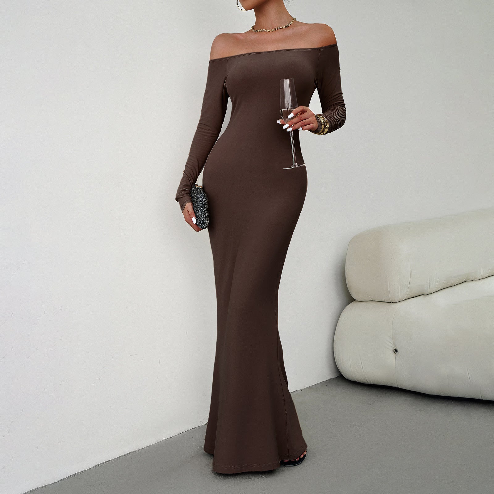 Diyunou Beauty Clothing 2023 Autumn And Winter Foreign Trade Amazon Independent Station Sexy Elegant Slim One-shoulder Dress - globaltradeleader