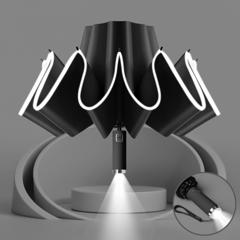 10-bone Automatic Reflective Led Light Lighting Sunny Umbrella With Printed Logo Advertising Umbrella Three-fold Reverse Umbrella