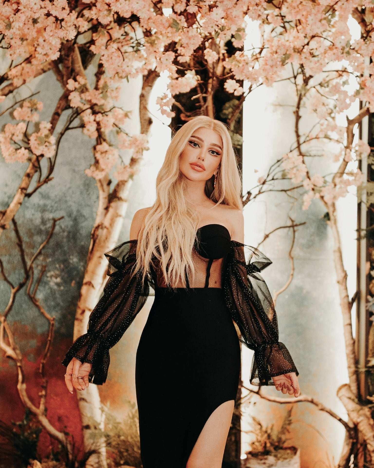 European And American New Style Puff Sleeve Mesh Gauze Strapless Sexy Dress Ladies Tube Top Slit Ladies Evening Dress - globaltradeleader