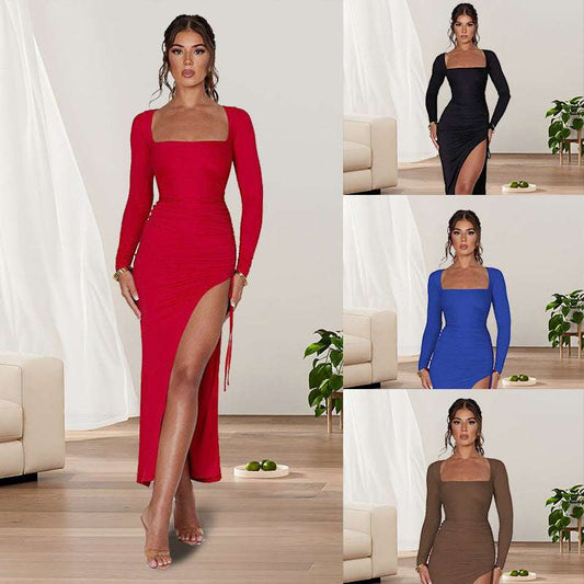 Sexy Hot Girl Dress Women's Tight Slim Long-sleeved Dress Hip-covering Dress High Slit Dress Autumn