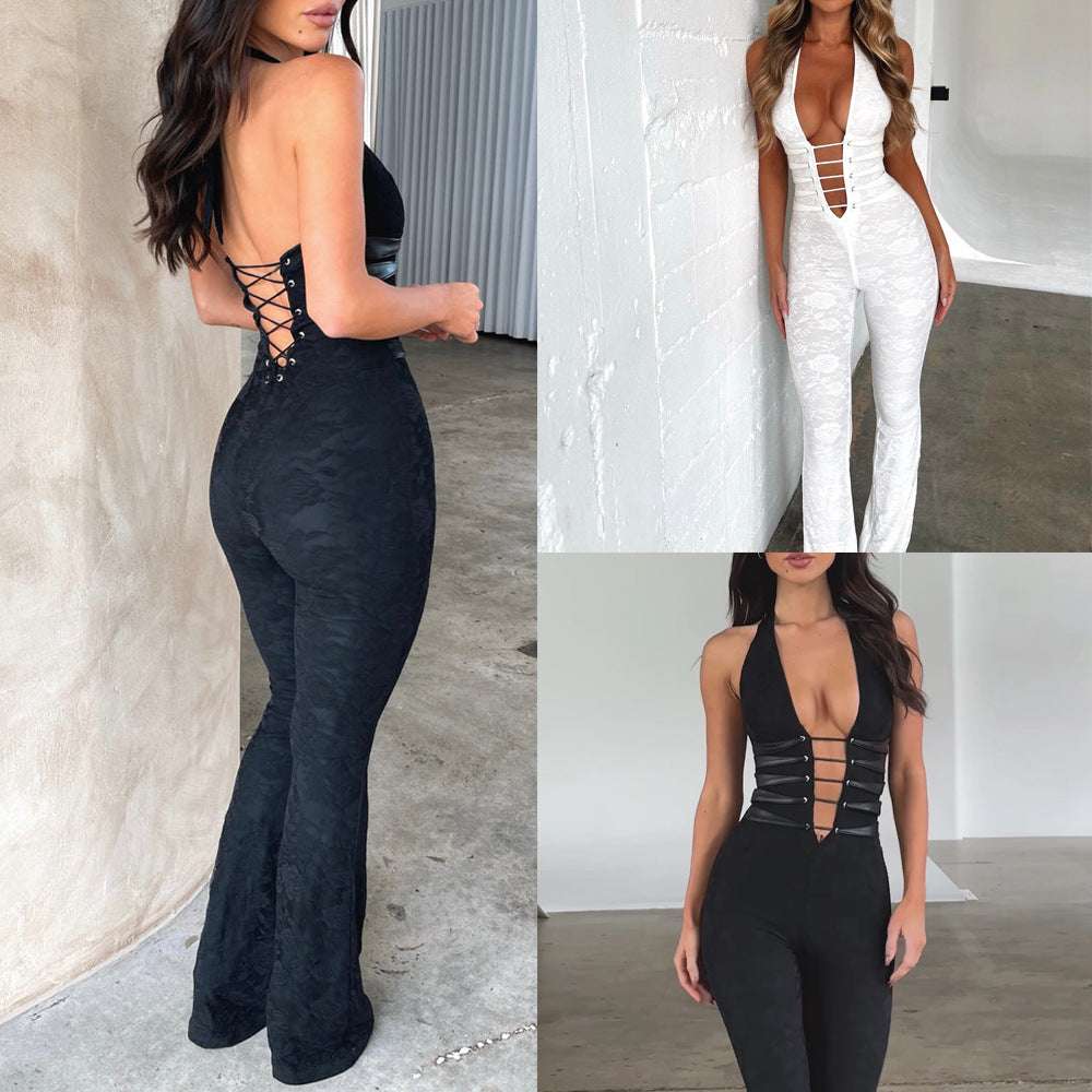 Lash Rope Lace Up Slim Fit Jumpsuit See-through - globaltradeleader