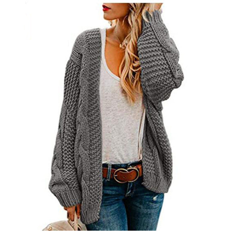 European And American Spring And Autumn Coarse Needle Twist Knitted Cardigan Women's Mid-length Solid Color Casual Loose Coat Cardigan