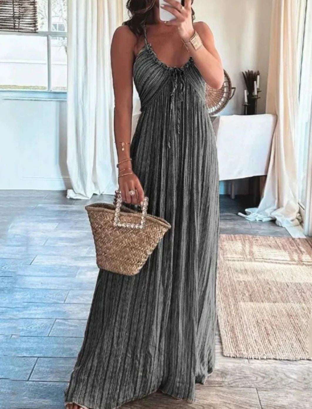 Summer Solid Color Sexy Backless U-Collar Strap Back Long Dress