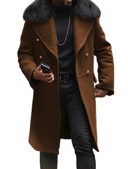 Casual Woolen Solid Color Slim-fit Double-breasted Brown Side Seam Pocket Youth Spot Wool Men's Coat