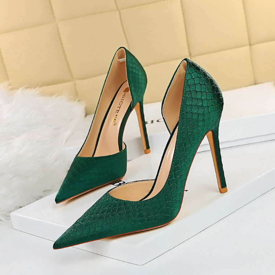 European And American Fashion, Sexy, Thin, Stiletto, High-heeled Snake-print Satin Shoes