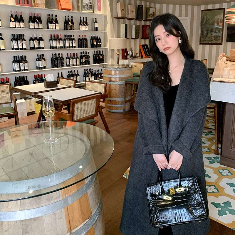 Women's Large Lapel Pure Color Tied Warm Reversible Woolen Coat - globaltradeleader