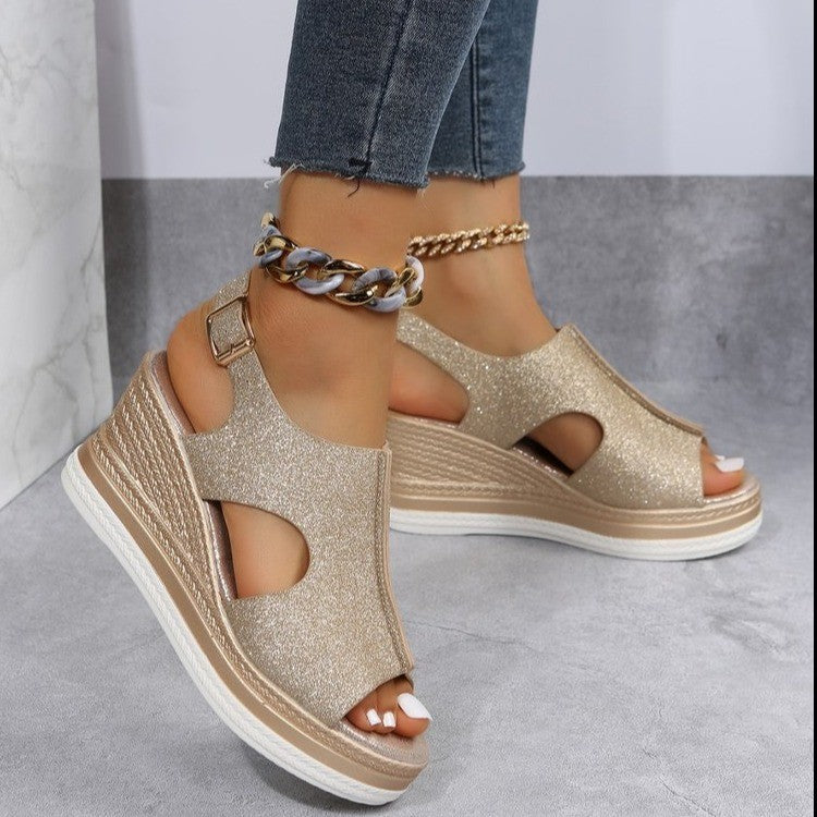 Summer New Large Size  Women&#039;s Shoes Roman Wind Wedge Thick Bottom Hollow Fish Mouth Sandals Women&#039;s