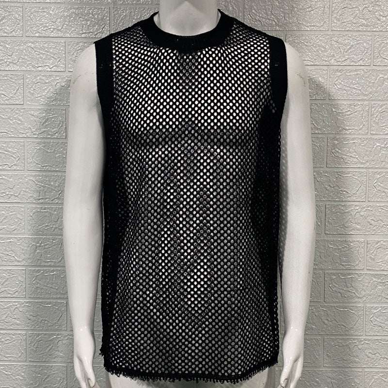 Solid Color Round Neck Sleeveless Hollow Knitted Vest - globaltradeleader