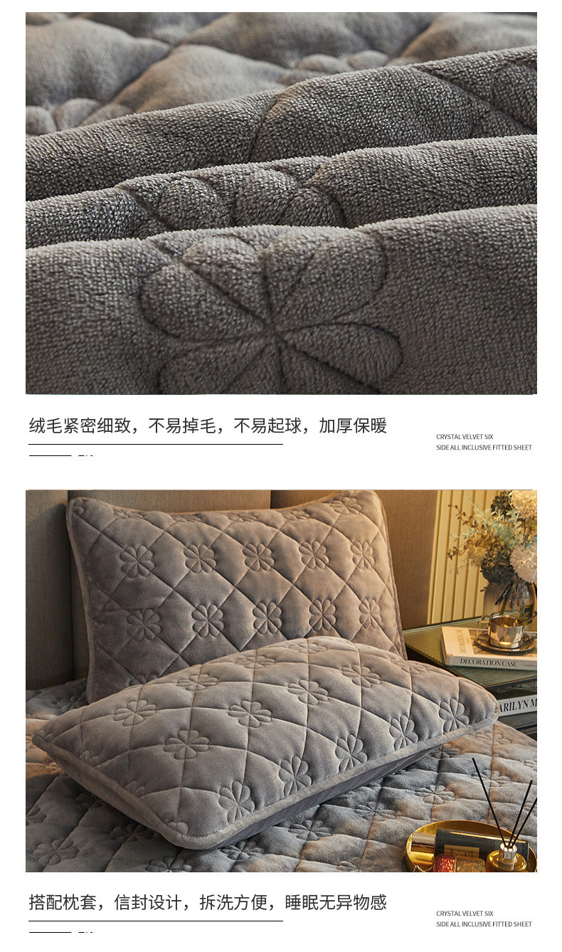 Milk Velvet Quilted Bed Sheet Single Piece Winter Thickened Coral Flannel Bed Cover Three-piece Set Mattress Protector Sheet - globaltradeleader