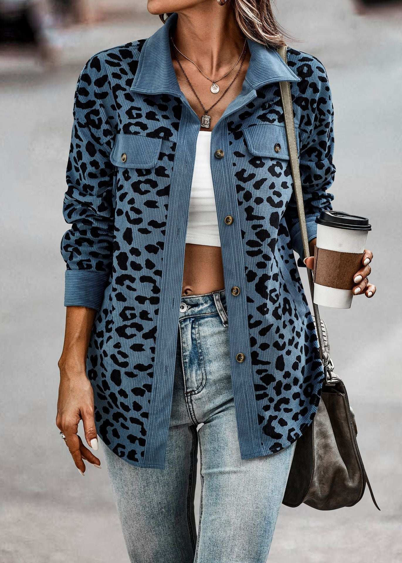 Women's Clothing Autumn And Winter Fashion Leopard Print Button Long-sleeved Jacket